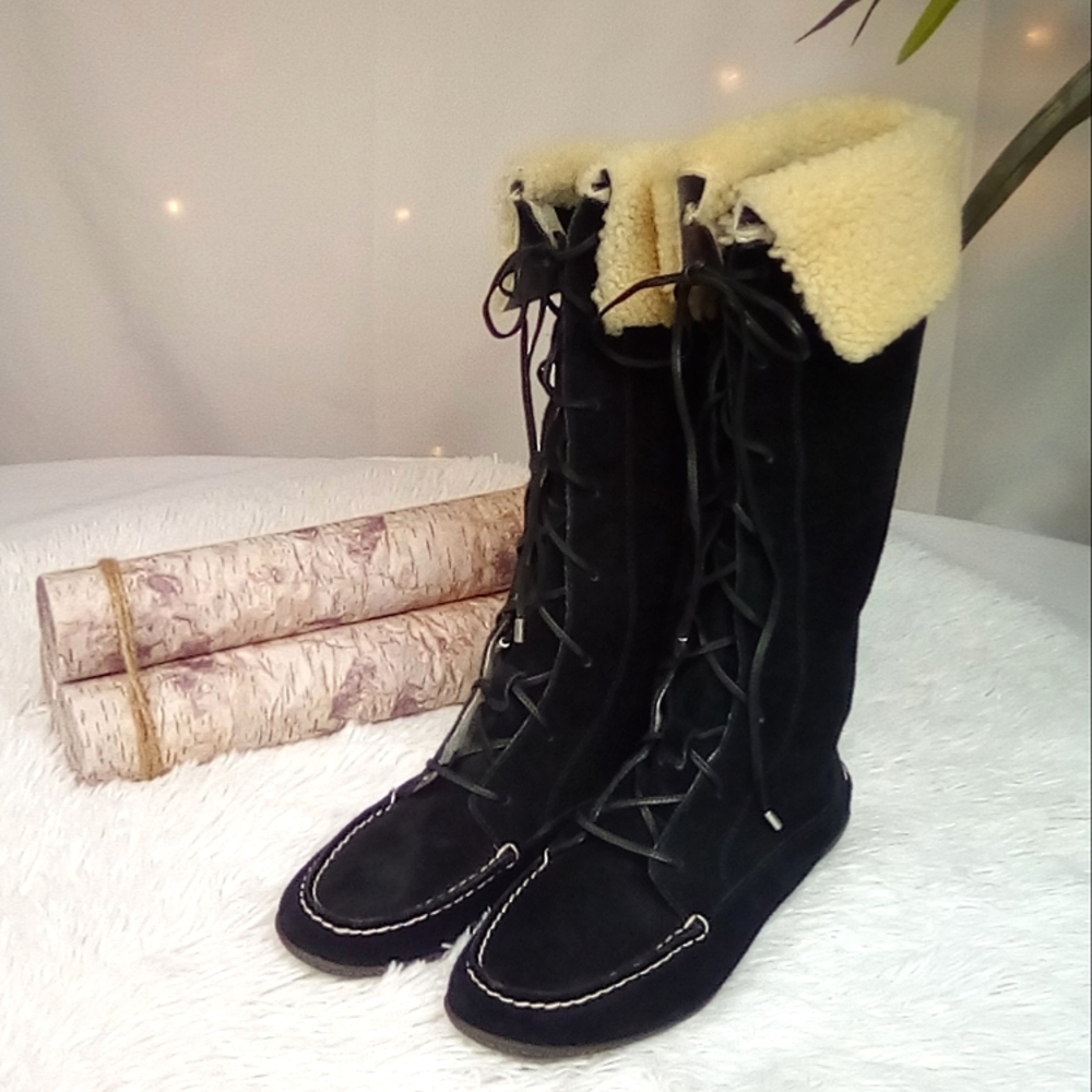 Sperry Top-sider Mid Calf Lace Up Black Boots, Size 6.5